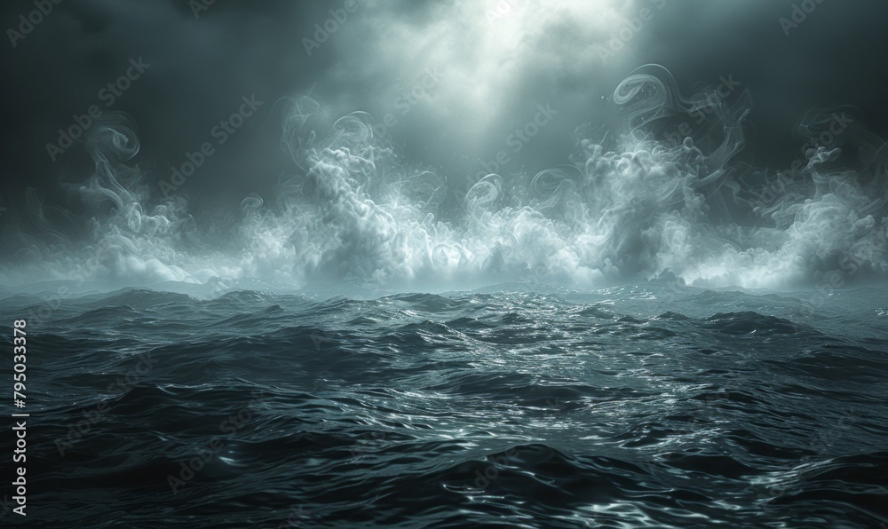 Enigmatic Misty Seascape - Fantasy 4K Wallpaper with Ethereal Atmosphere,Black background with white smoke, sea water reflection, fog and mist, dark atmosphere, fantasy style