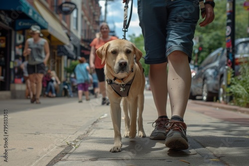 An adorable labrador retriever on a leash takes a walk with its owner on a busy city sidewalk
