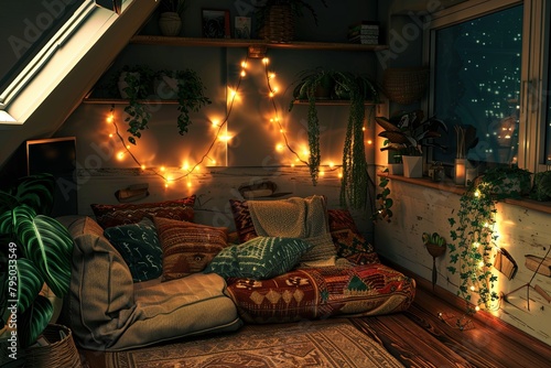 cozy room, a very relaxing sofa, decorated with fairy lights, plants
