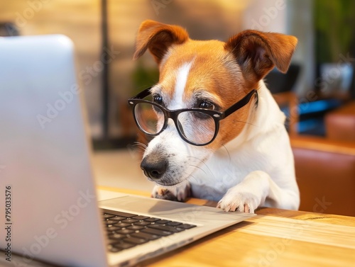 Cute dog looking at laptop in glasses, looking at a computer and working with glasses © mirifadapt