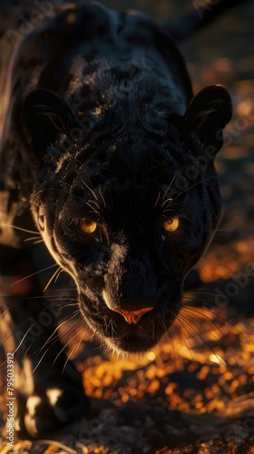3D render of a black panther with golden eyes lurking in the shadows © AI Farm