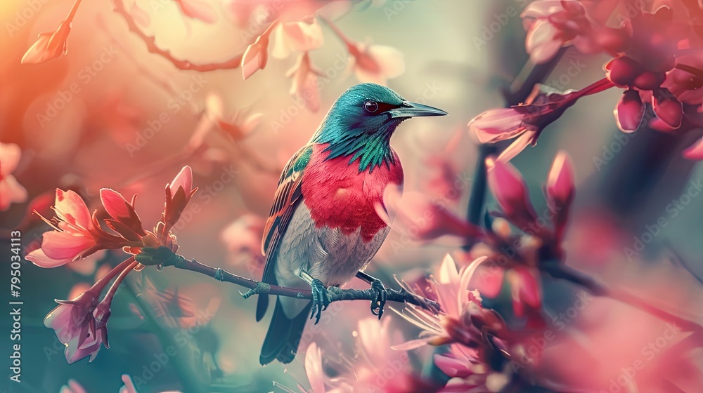 Fototapeta premium Close view of a starling bird in a blooming garden