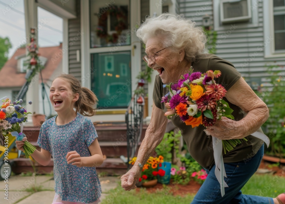 An elderly woman and her young granddaughter share a heartfelt laugh with a vibrant bouquet of flowers outside An elderly woman and her young granddaughter share a heartfelt laugh with a vibrant bouquet of flowers outside