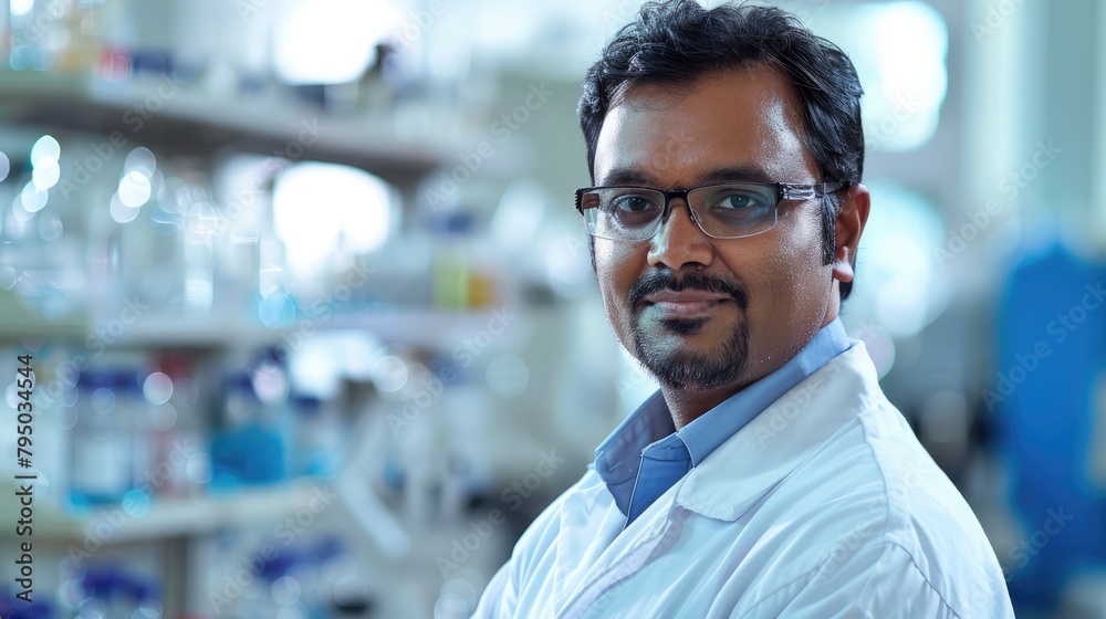 Indian man with glasses scientist working in laboratory with copy space Indian man with glasses scientist working in laboratory with copy space