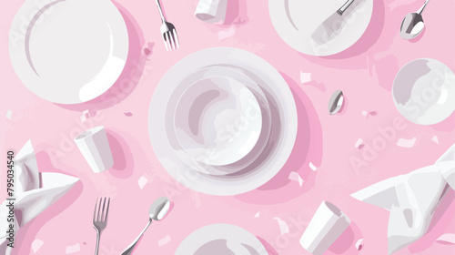 Flying clean dishes napkins and cutlery on pink background