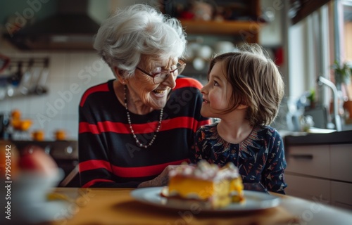 A heartwarming scene of a grandmother sharing a piece of cake with her grandchild, creating memories