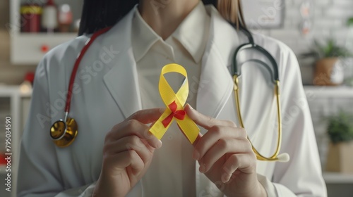 World hepatitis day. Doctor woman holding in her hands red yellow ribbon. Awareness of prevention and treatment viral hepatitis. Liver cancer. World cancer day