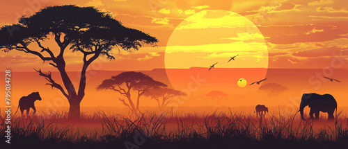 Vibrant orange and pink hues cast on grassland  animals and trees in dark silhouette.