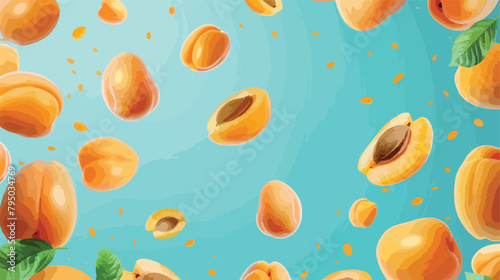 Flying fresh apricots on color background with space