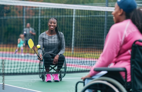 A smiling female wheelchair tennis player holding a racquet on an outdoor court, highlighting inclusivity in sports and friendship © AI Dev Studio