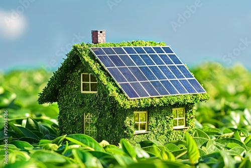 Eco friendly technology in a modern home, solar panels on the roof and energy-efficient appliances