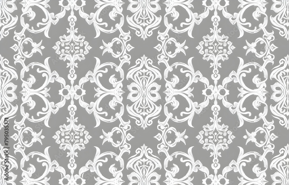 Fototapeta premium Abstract seamless pattern with arabesque ornament on a grey background Lace texture vector illustration in the style of fashion design print for textile, wallpaper, fabric, paper, and packaging with a