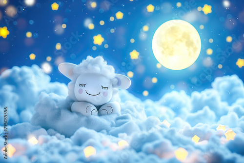 Little cute sheep sleeping on clouds with full moon and stars