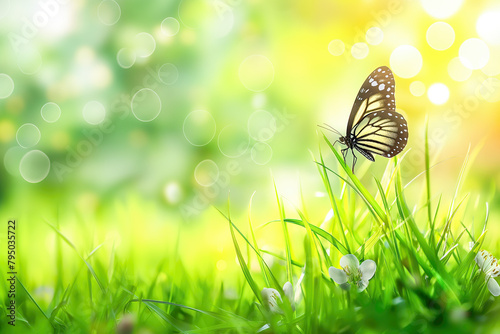 Spring nature background with green grass and butterfly