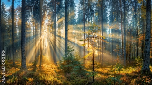 Sunlight filtering through lush green forest foliage in a serene natural setting