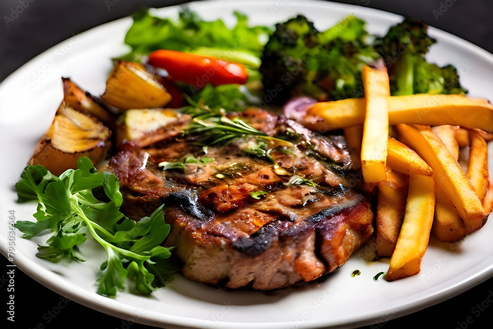 Herb marinated grilled pork chops steak with sliced French fries and vegetables served on a plate