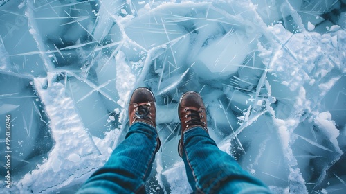 Legs with Ice pattern of the frozen lake photo