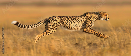 Majestic cheetah with golden fur running swiftly through the vast African savanna at sunset.