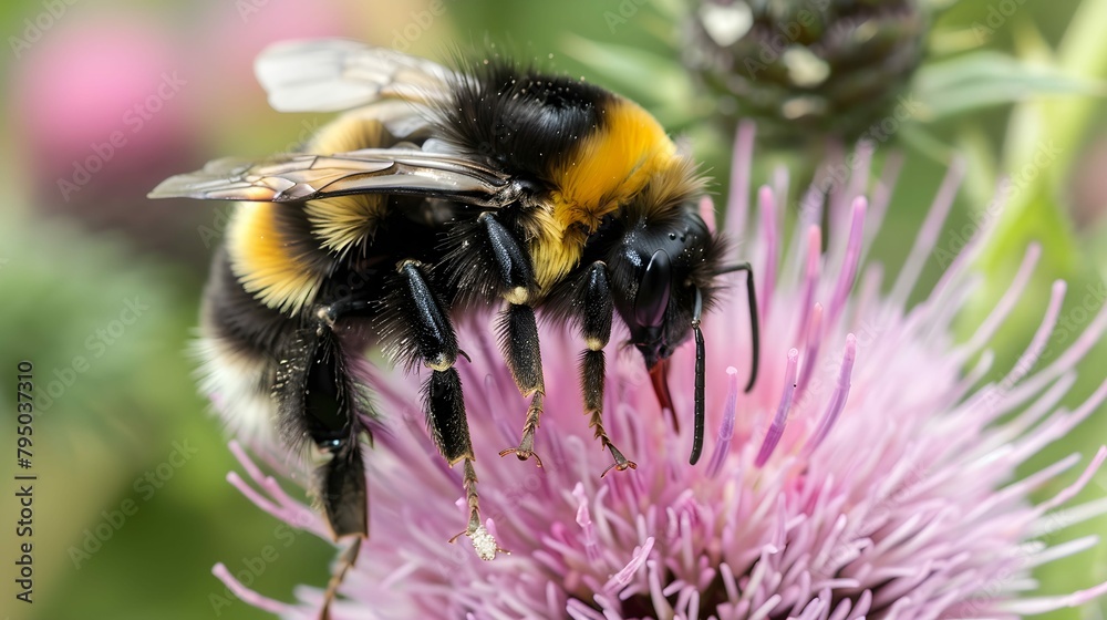 Macro of a bumblebee collecting nectar on flower