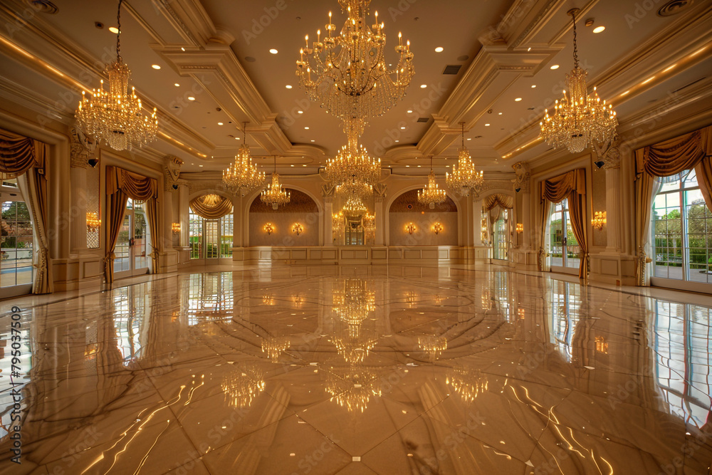 elegant ballroom with grand chandeliers and a dance floor elegant ballroom with grand chandeliers and a dance floor