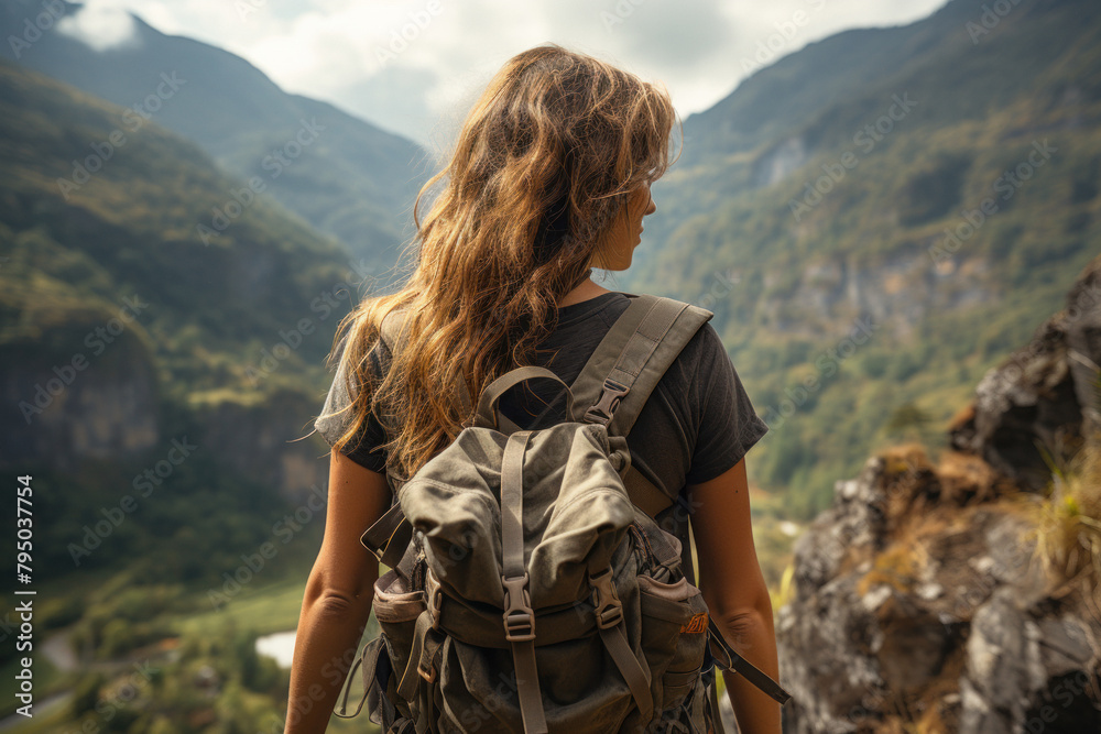 Woman travels in the mountains with a backpack.