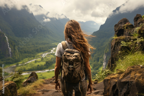Woman travels in the mountains with a backpack. © sofiko14