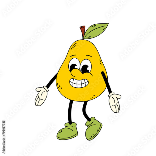 Ripe yellow pear in flat style. Pear character. Funny cartoon retro character in flat style. Groovy pear.