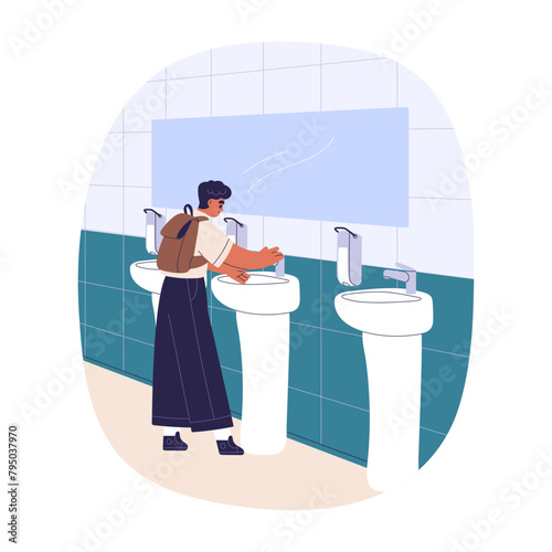 Boy washing hand in public restroom, school WC. Schoolchild, pupil standing at sink, washstand in toilet, closet, lavatory. Student at washbasin. Flat vector illustration isolated on white background