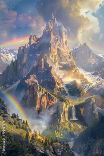 Mountain scenery with rainbows crossing the peaks