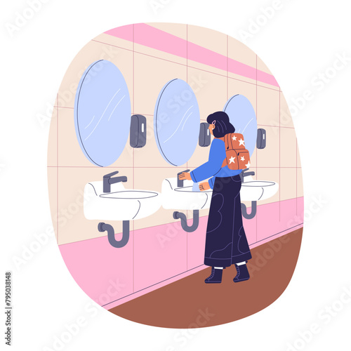 School girl washing hand in public restroom, WC. Schoolkid, pupil standing at sink, washbasin in toilet, closet. Student at washstand in lavatory. Flat vector illustration isolated on white background
