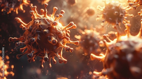Close up orange virus cells infection causing chronic disease. monkeypox, variant corona delta, vaccine. 3D medical illustration photo