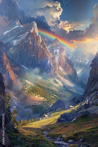 Mountain scenery with rainbows crossing the peaks