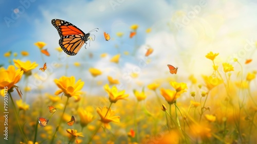 monarch butterfly flying in field of yellow flowers