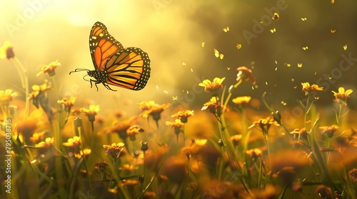 monarch butterfly flying in field of yellow flowers