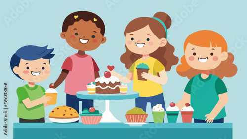A group of energetic children set up a bake sale with delicious treats to entice customers and help raise money for their school.