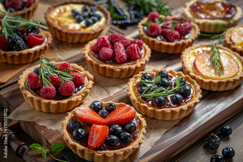 Elegant display of gourmet fruit tarts and savory quiches in a high-end patisserie, with a focus on the flaky crusts and vibrant fillings