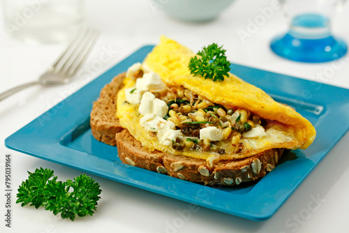 Soybean omelet with fresh cheese.