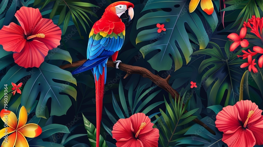 Tropical flowers and parrot seamless pattern on black background Tropical flowers and parrot seamless pattern on black background