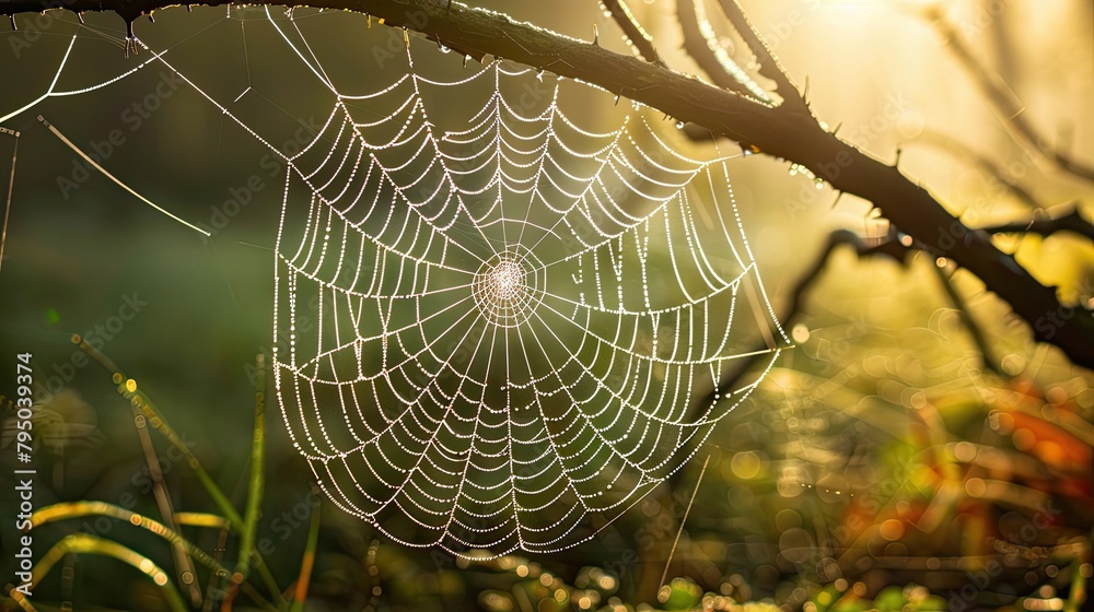 Macro shot of a spiders intricate web early in the morning dew