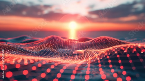 Minimalist 3D wireframe design forming a delicate mesh against a sunset sky photo