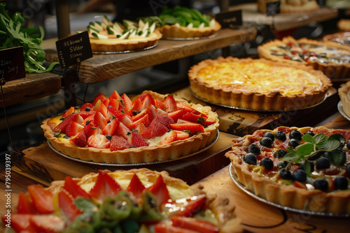 Elegant display of gourmet fruit tarts and savory quiches in a high-end patisserie  with a focus on the flaky crusts and vibrant fillings