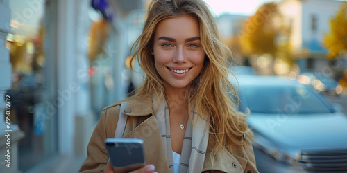 A professional young entrepreneur smiles while using her smartphone for online business communication.