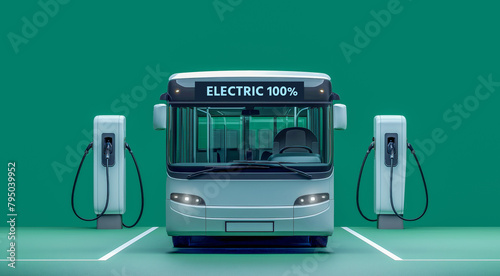 3d illustration of charging electric bus on green background. sign Electric 100% on front of bus.