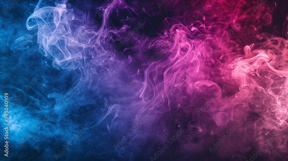Colorful neon smoke clouds dancing in the air on dark background