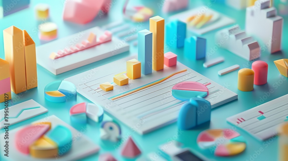 A 3D illustration of a variety of graphs and charts in pastel colors on a blue background. A 3D illustration of a variety of graphs and charts in pastel colors on a blue background.
