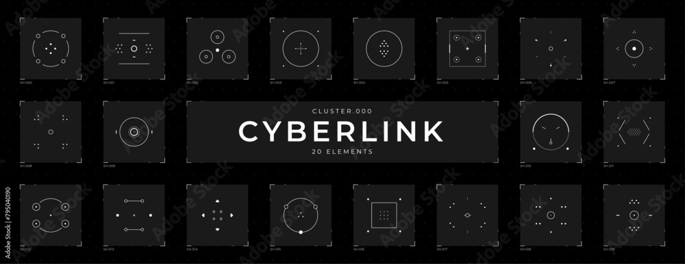 Cyberpunk elements set. Futuristic HUD design elements set. Cyber collection of targets and buttons. Cyberpunk vector shapes for virtual reality interface. Digital technology futuristic UI, UX.