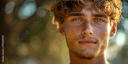 A confident  handsome student poses outdoors  exuding seriousness and modern masculinity by the beach.