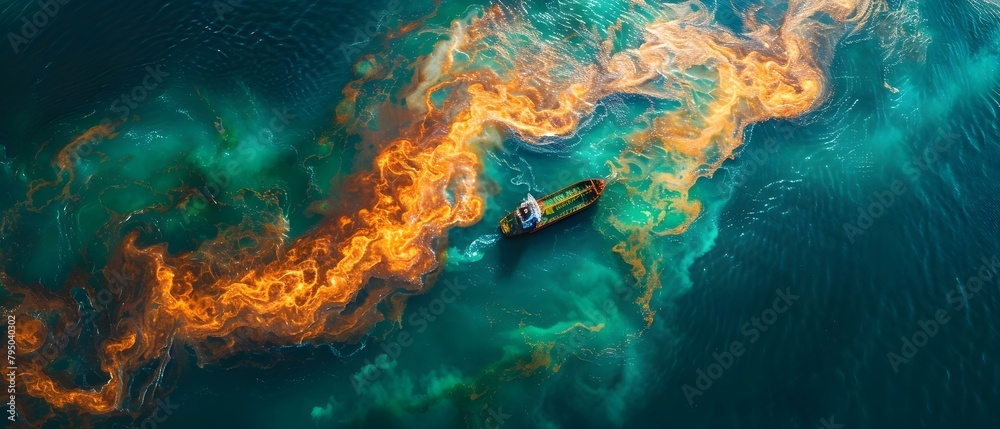 Obraz premium Research on the hazards of ocean pollution caused by maritime oil spills. Concept Maritime oil spills, Environmental impact, Ocean pollution, Hazardous chemicals, Marine ecosystems