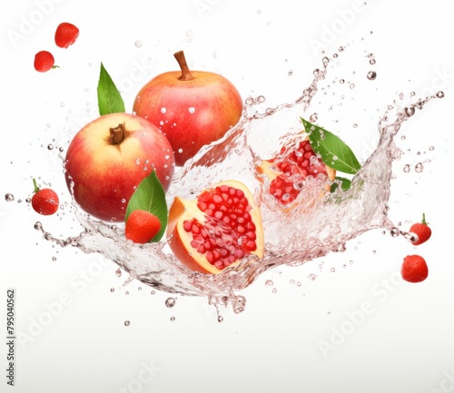 A pomegranate are shown. The pomegranate is split in half is whole. Both are red. There is a splash of water between them  with small red spheres scattered around.