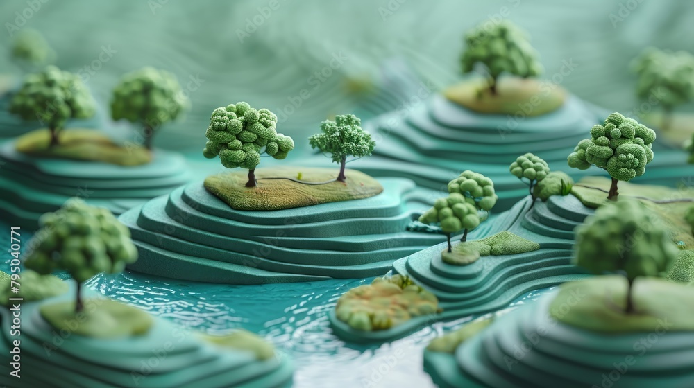 A 3D rendering of a green landscape with rolling hills, small islands and trees. The scene is rendered in a diorama style. A 3D rendering of a green landscape with rolling hills, small islands and trees. The scene is rendered in a diorama style.